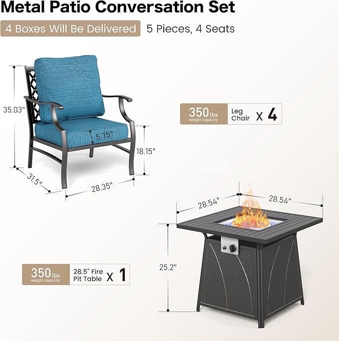 SUNSHINE VALLEY 5 Piece Metal Outdoor Patio Furniture Set with Fire Pit Table, Patio Conversation Sets 4 Fixed Chairs with 5.75" Thick Cushion and 5000 BTU Fire Pit Table, Backyard Furniture, Blue-2