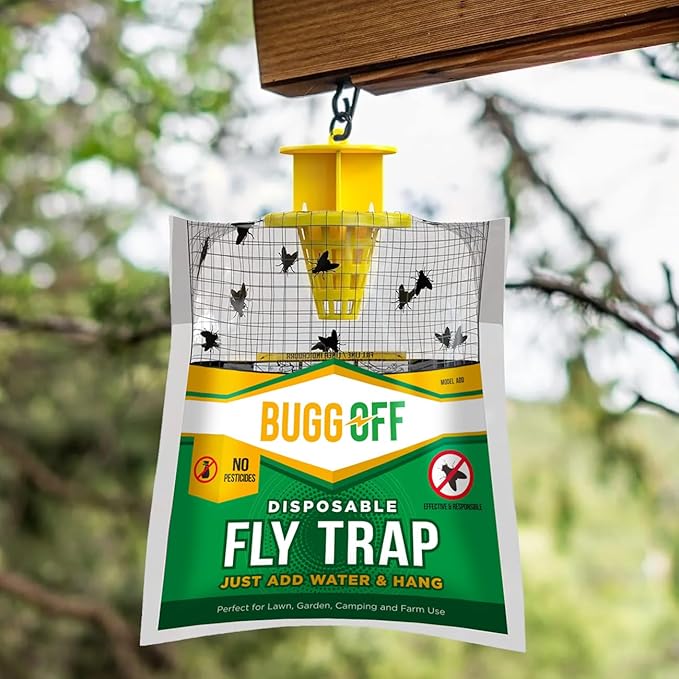 BUGGOFF - 12 Pack Outdoor Disposabe Hanging Fly Traps with Natural Pre-Bait, Catches Flyes Everywhere Anywhere, Stables, Ranches, Cottages and More. Cut, Fill and Hang.