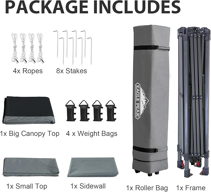 EAGLE PEAK 13x13 Pop up Canopy Tent w/One Wall, Instant Canopy Easy Set up Folding Shelter w/One Privacy Curtain, 169 Square Feet Sun Shade, Black/Gray