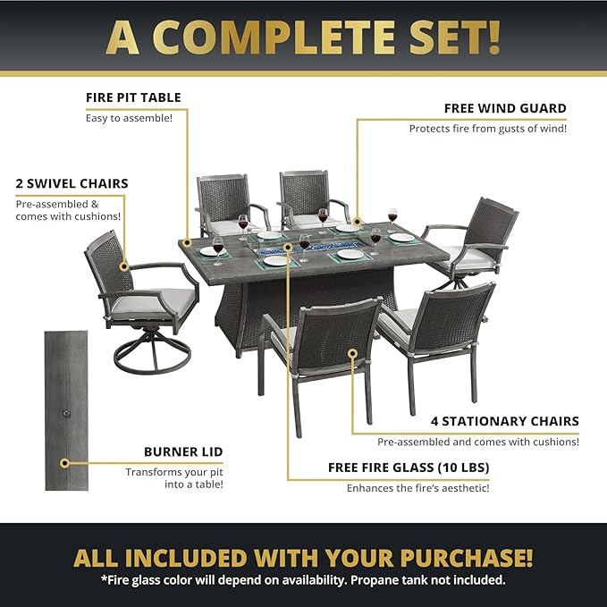New Upgrade 7-Piece Rattan Patio Furniture Set, 76" Propane Fire Pit Table 50,000 BTU, 4 Dining & 2 Swivel Chairs Included, Cushion, CSA Certified, for Garden Backyard Outdoor Dining and Conversations