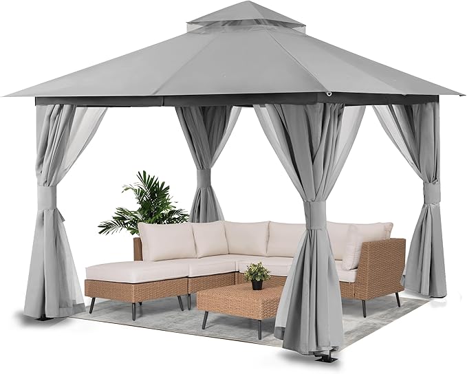 LAUSAINT HOME Outdoor Patio Gazebo 10'x10' with Expansion Bolts, Heavy Duty Party Tent & Shelter with Double Roofs, Mosquito Nettings and Privacy Screens for Backyard (Grey)