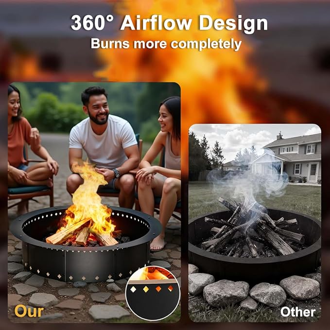 FANHAO Outdoor Fire Pit Ring, 36-Inch Outer/30-Inch Inner Fire Ring Smokeless, Wood Burning Fire Pit Ring Duty Solid Metal Steel Liner DIY Campfire Ring Above or In-Ground, Camping Patio Backyard
