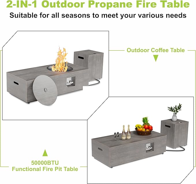 Dineli 2-Piece Outdoor Propane Fire Pit Table Set w Tank Table 48'' Rectangular Firepit Gas Fire Pits for Outside Patio Tabletop Fire Pits w LED, 50,000 BTU (Gray with Warmlight)