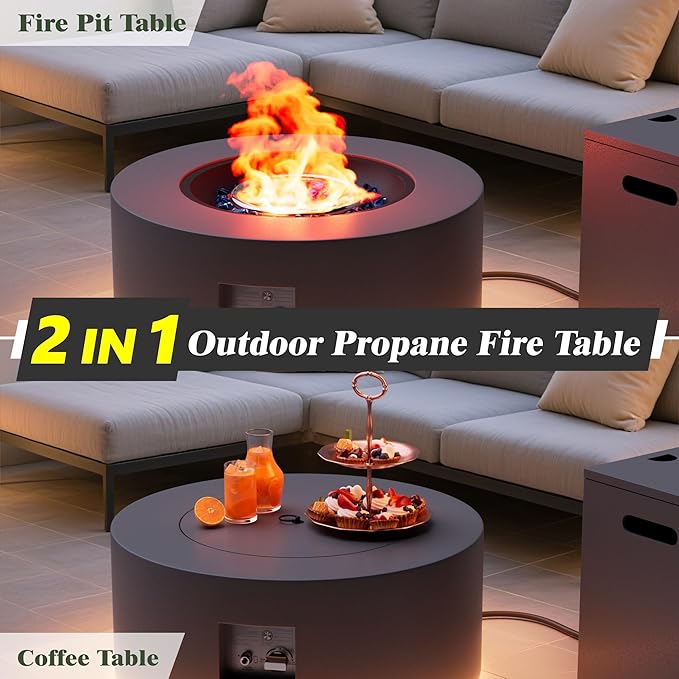 Dineli 2-Piece Outdoor Propane Fire Pit Table Set w Tank Table 30'' Round Fire Pit Table 2-in-1 Firepit Table for Outside Patio Gas Fire Pit w LED, 50,000 BTU, Dark Gray with Warmlight
