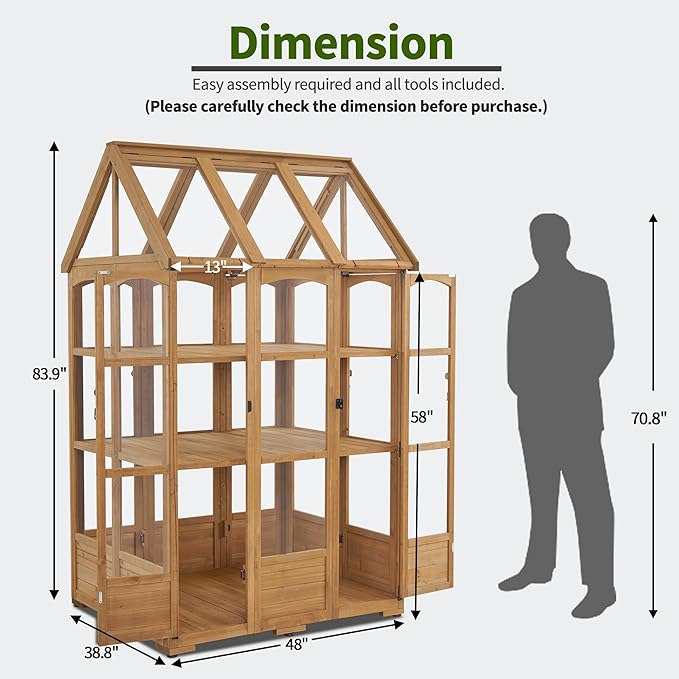 MCombo Wooden Greenhouse, Outdoor Greenhouse with Adjustable Roof Vent and 6 Lockable Door for Backyard/Outdoor Use, (48 x 38.8 x 83.9 Inches) 0851 (Natural)