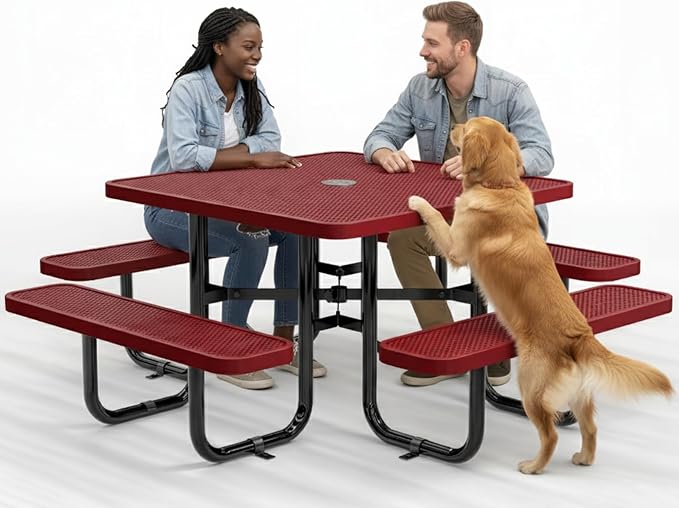 Metal Picnic Tables for Outdoors with Umbrella Hole - Coated Steel Heavy Duty Commercial Grade Furniture with Adjustable Seats (Red, 46 in, Square, Punched Steel)