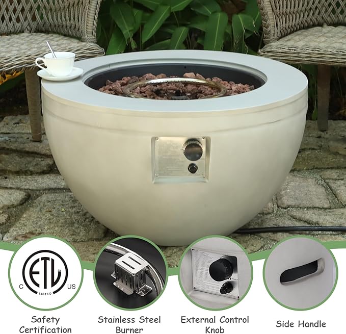 Round Propane Fire Pit,30 Inch Outdoor Fire Pit Table w Tank Cover,2-Piece 40,000 BTU Gas Concrete Firepit for Patio w Lava Rocks/Rain Cover,Fireplace for Backyard & Deck