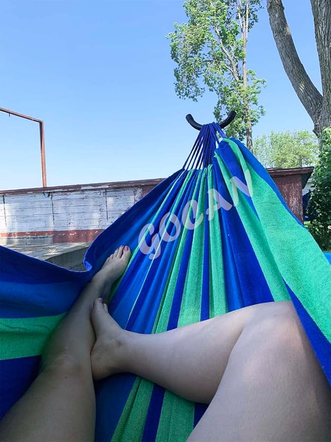 GOCAN Brazilian Double Hammock 2 Person Extra Large 220x160cm Total Length 330cm Load 500lb Canvas Cotton Hammock for Patio Porch Garden Backyard Lounging Outdoor and Indoor(Blue/Green) XXL