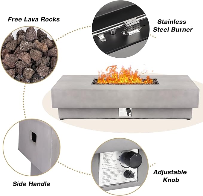 60" Rectangular Propane Fire Pit – 50,000 BTU Concrete Fire Pit with Glass Wind Guard – Backyard Firepits Outdoor – Gas Fireplace for Deck or Patio