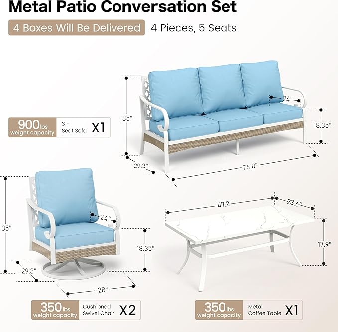 SUNSHINE VALLEY 4 Piece Metal Outdoor Patio Furniture Set, Patio Conversation Sets with 3-Seater Sofa, 2 Swivel Chairs and Coffee Table, White Frame Outdoor Seating Furniture for Bavkyard, Blue