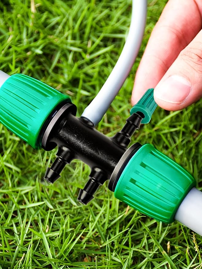 Kalolary 20PCS Barbed Tee 1/2" to 1/4" Drip Irrigation Fittings, Anti-Drop Barbed Hose Parts Connectors for 12mm/16mm to 4mm/7mm Drip Systems 6 Way Adapter（Green）