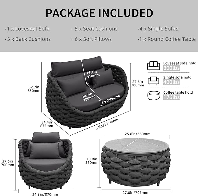 TWT 6 Pieces Patio Furniture Set Outdoor Rope Conversation Sectional Patio Sofa with 6 Seater for Backyard, Porch, Modern Armchairs with Thickness Cushions and Side Table, Dark Grey