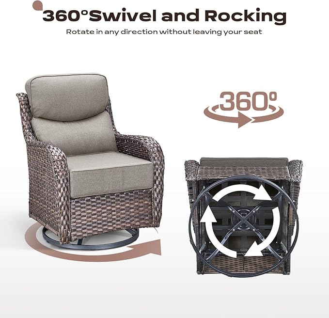 Rilyson Wicker Outdoor Patio Furniture Set - 6 Piece Patio Conversation Sets with Swivel Rocker Chairs, Ottomans, Sofa and Table, 6 inch Cushions, Deep Seating, for Porch Deck Brown/Beige