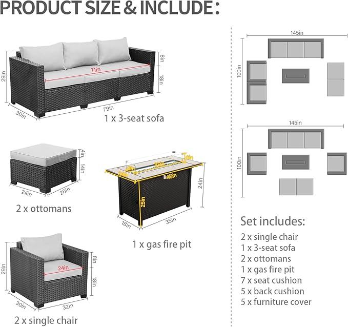 Patio Furniture Set 45 In Outdoor Fire Pits 6 Pieces Outdoor Patio Furniture 60000 BTU Outdoor Propane Fire Pit Table Patio Sofa Outdoor Chairs Anti-slip Cushions Waterproof Covers, Light Grey