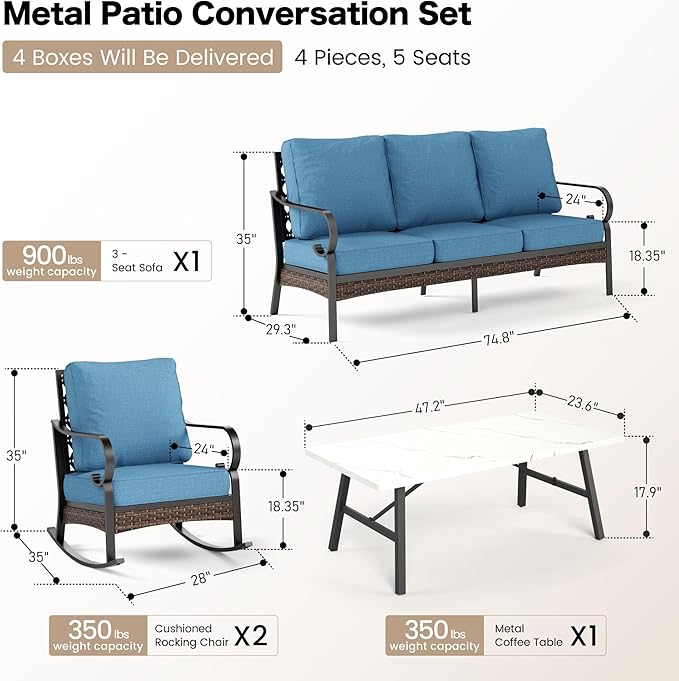 SUNSHINE VALLEY 4 PCS Metal Outdoor Patio Furniture Set, Patio Conversation Sets 1 3-Seater Sofa, 2 Rocking Chairs with 5.75" Extra Thick Cushion & Coffee Table, Black Backyard Furniture, Denim Blue