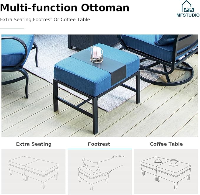 MFSTUDIO 6 Pieces Patio Furniture Sets with 45" Gas Fire Pit Table(Up to 7 Seat), Metal Frame Outdoor Conversation Sofas with 1 x 3-Seat Sofa, 2 Rocking Chairs and 2 Ottoman, Peacock Blue Cushion