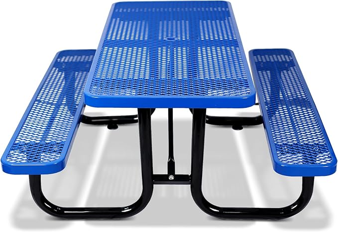 KUFUH 72" Rectangular Metal Picnic Table for 4-8 Person, Durable Heavy Duty Commercial Picnic Table with Umbrella Hole for Outdoor Coffee Shop, School, Hospital, Easy to Install, Blue