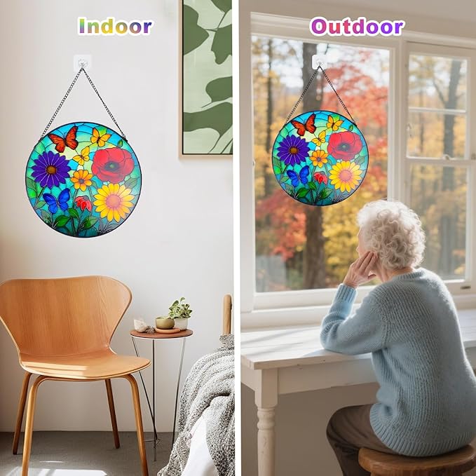 Wildflowers Stained Glass Window Hanging - Wildflowers Suncatcher for Indoor Window, Floral Stained Glass Decor for Garden, Home, Outdoor, Sun Catchers Birthday Gift for Women,Lovers and Mom 12 Inch