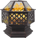 Outdoor Hex-Shaped Fire Pit, Portable Wood Burning Firepit for Outside, 22 Inch Metal Bonfire Fire Pits with Mesh Lid and Poker for Backyard Heating, Garden, Patio, Beach, Poolside, Picnic, Camping