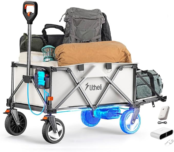 Litheli Electric Wagon Cart with 1 Battery & Charger, All-Terrain Wheels & Variable Speed | 200L Capacity, 300 lbs Heavy-Duty Utility Wagon for Camping Beach Garden Shopping, SE-Beige