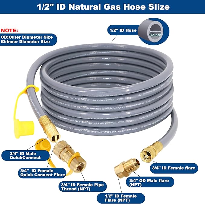 24 Feet 1/2-Inch ID Natural Gas Hose with Quick Connect Fitting for weber, charbroi, Grill, Pizza Oven, Patio Heater and More NG Appliance, Propane to Natural Gas Conversion Kit - CSA Certified