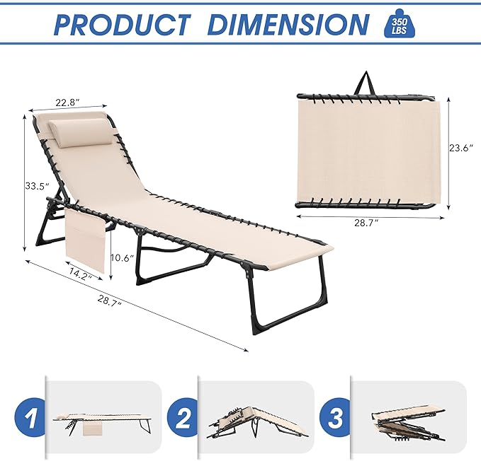 Flamaker Foldable Chaise Lounge Chair 5-Position Adjustable, Tanning Chair with Side Pocket, Outdoor Sunbathing for Pool, Beach, Patio, Lawn, Indoor Recliner Chair for Napping(Beige, 1 Pcs)