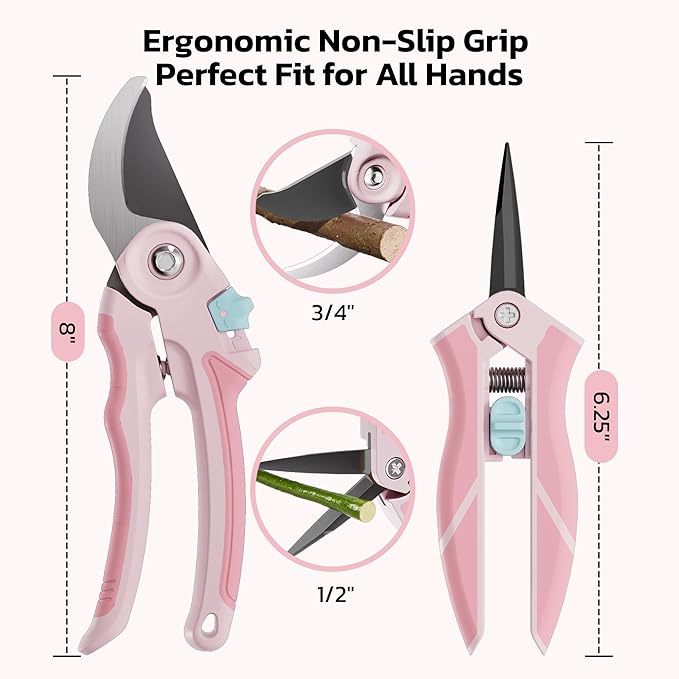 NEXON Garden Pruning Shears 2 Pack, 8" Bypass Hand Pruner & 6.25" Precision Garden Scissors, Professional Garden Clippers for Plants and Flowers Pink