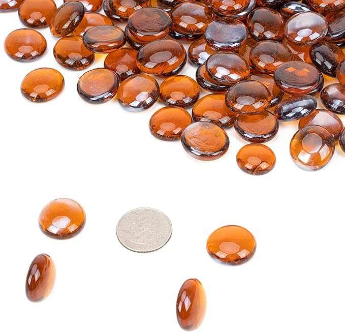 onlyfire 10 Pounds Fire Glass Beads for Propane Fire Pit and Gas Fireplace, 1/2 Inch Round Firepit Glass Rocks Flat Marbles for Fire Pit Table, Caramel