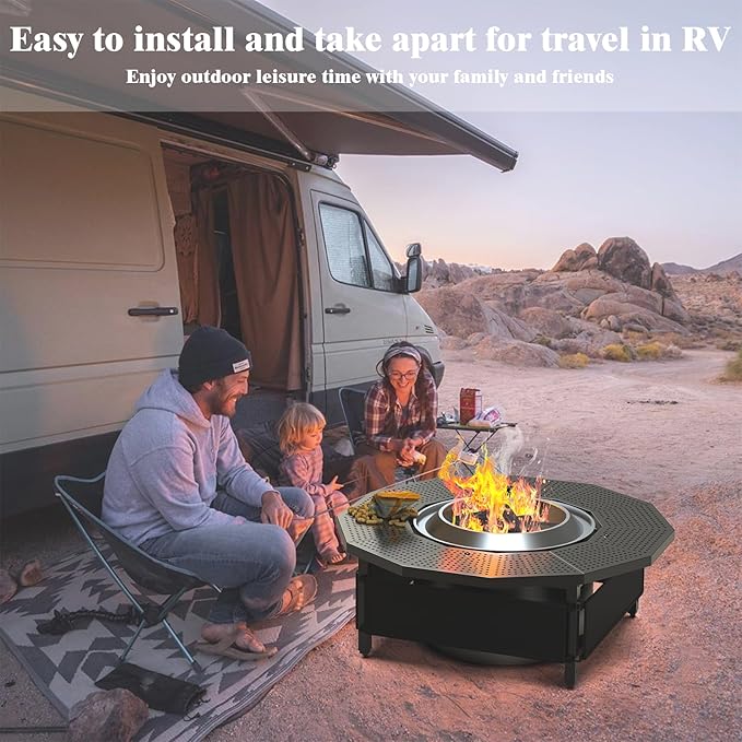 Fire Pit Surround Tabletop for Solo Stove Yukon 2.0 27 Inch, Fire Pit Surround Table Top, Accessories for Solo Stove, Adjustable with UV-Resistant Outdoor Fabric, Metal Black