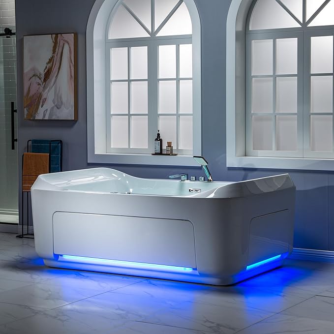 WOODBRIDGE 70-7/8"L x 47-1/4"W 2 Person Freestanding Hydrotherapy Whirlpool and Air Bath Heated Soaking Combination Massage Tub with Adjustable Speed Air Blower and Display Control Panel, B0091