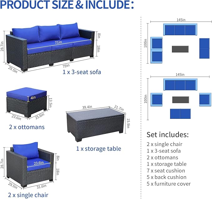 Rattaner 6 Pieces Patio Wicker Furniture Set Outdoor PE Rattan Conversation Couch Sectional Chair Sofa Set with Royal Blue Cushions