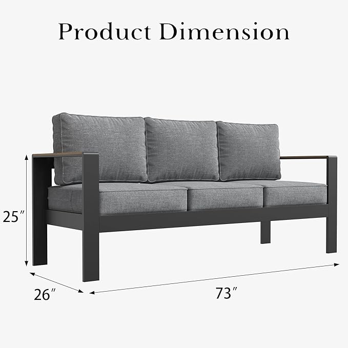 LayinSun Aluminum Outdoor Furniture Set 3 Seat Sofa, Outside Patio Deep Seating Conversation Set with Upgraded Washable Thick Cushion