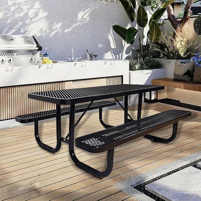 KUFUH 72" Rectangular Metal Picnic Table for 4-8 Person, Durable Heavy Duty Commercial Picnic Table with Umbrella Hole for Outdoor Coffee Shop, School, Hospital, Easy to Install, Black