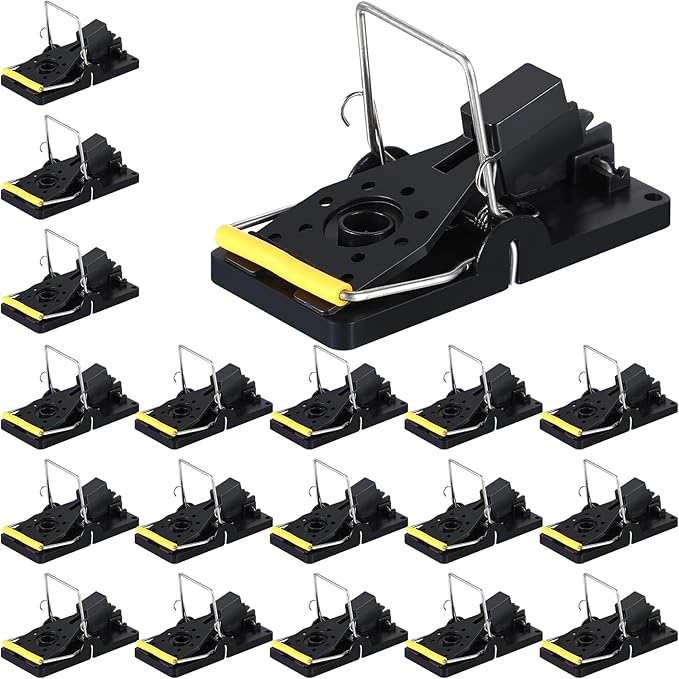 Qualirey 18 Pcs Mouse Traps Plastic Snap Rat Trap Bulk Reusable Quick Effective Safe for Indoor Outdoor Home House Warehouse Garden Kitchen 3.86 x 1.81 x 2.17 Inch (Black,Yellow)