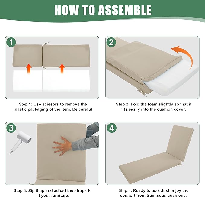 Chaise Lounge Cushions Outdoor Set of 4 - Waterproof and Fade Resistant Sun Lounger Replacement Cushion - Patio Lounger Pads with Removable Cover for Pool, Deck, Lawn, 72 x 21 x 3 Inch, Cream