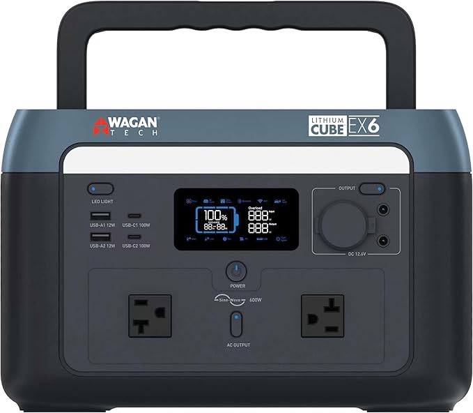 Wagan EL8838 Portable Power Station 600W Lithium Cube Solar Generator 512Wh LiFePO4 Battery Fast Charge 600W 1000W peak AC/100W USB-C for Home Backup, Power Outages, Outdoor Camping, Off-grid