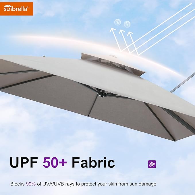PURPLE LEAF Sunbrella Patio Umbrella 10' X 13' Outdoor Cantilever Umbrella Large Rectangle Double Top Heavy Duty Offset Umbrella with 360-Degree Rotation for Pool Garden Deck Cast Ash