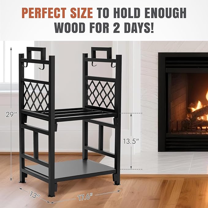 INNO STAGE Firewood Rack Fireplce Firepit Tools Set Double Layer Iron Wood Log Holder for Fire Place Outdoor Indoor Accessories-Brush, Shovel, Tong, Hook