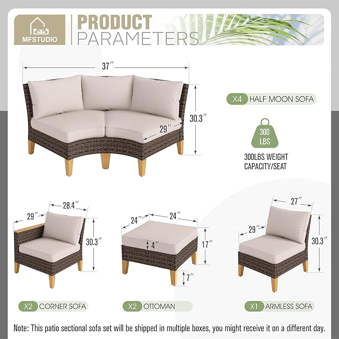 MFSTUDIO 9 Pieces Wicker Patio Furniture Set, All-Weather Rattan Outdoor Conversation Half-Moon Curved Sectional Sofa Set for Garden, 4 x Curved Sofa, 1 x Armless Couch, 2 x Ottomans, 2 x Corner Chair