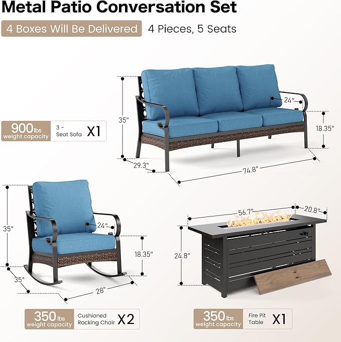 SUNSHINE VALLEY 4 Piece Metal Outdoor Patio Furniture Sets with Firepit Table, Patio Conversation Sets 1 3-Seater Sofa, 2 Rocking Sofa with 5.75" Thick Cushion Backyard Furniture for Deck, Denim Blue