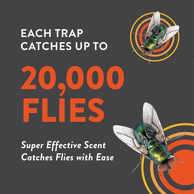 Outdoor Fly Trap [4 Pack] Fly Traps Outdoor with Dissolvable Non-Toxic Bait - Fly Repellent for Outdoor Use Only - Controls Flies for Patios, Barns, Ranches Etc. Hanging Fly Traps with Tie Included