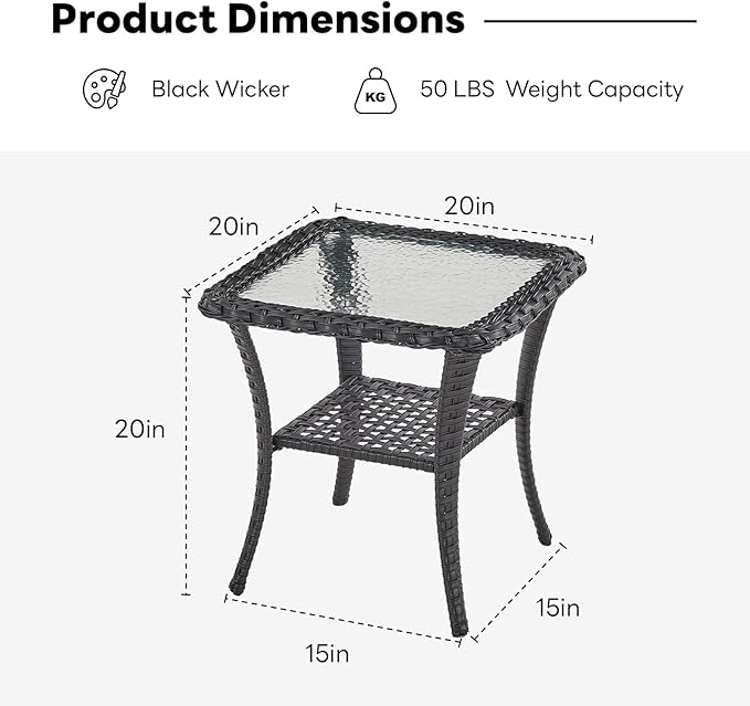 Belord Handwoven Wicker Side Table - 20 Inch Small Outdoor Table 2 Tier Storage with Tempered Glass Top, All Weather Outdoor Patio End Tables for Deck Balcony Outside Black
