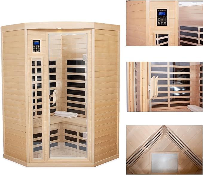Far Infrared Sauna Low EMF Wooden Saunas for Home, 2-3 Person Indoor Home Saunabox, 1600watt Canadian Hemlock Sauna Room with Blue-Tooth, LCD, 10 Minutes Pre-Warm up