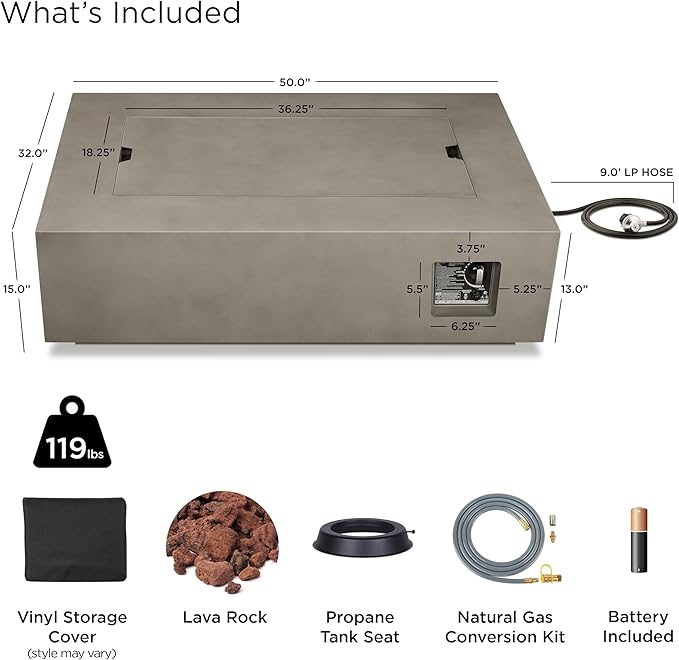 Real Flame Aegean 50in Rectangle Propane or Natural Gas Fire Pit Table, 50,000 BTU, Powder-Coated Steel, Push-Button Ignition, CSA Certified, Lava Rock, Storage Cover, Stainless Steel Burner with Lid