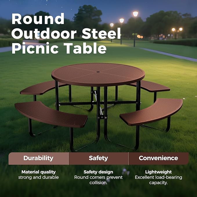 Rueekfil 46" Coated Picnic Table with Umbrella Hole, Heavy Duty Commercial Picnic Table for Outdoors, Family & Party Ready for School Camping, Round, Brown