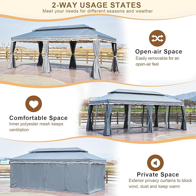 MELLCOM Grey 10x20 Outdoor Patio Canopy Gazebo, Double Roof Patio Pergolas Steel Frame with Netting and Shade Curtains for Garden,Party Canopy
