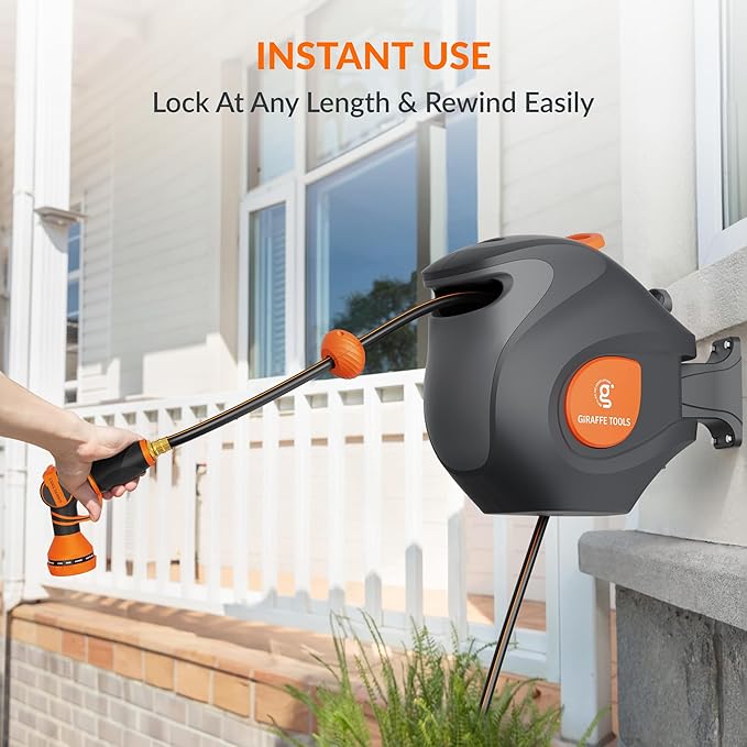 Giraffe Tools BW30 Retractable Garden Hose Reel 100ft x 1/2”, Wall-Mounted Automatic Water Hose Reel with 9 Pattern Nozzles for Outside Use