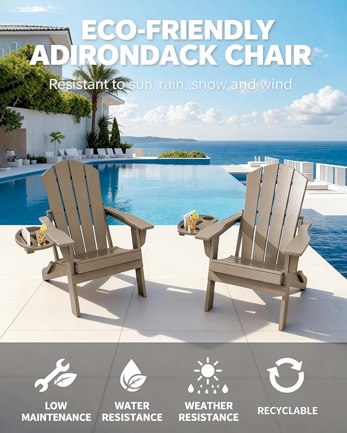 Adirondack Chair Set of 8, HDPE Folding Adirondack Chair with Multifunctional Cup Holder, Weather Resistant Fire Pit Chair for porches, patios, poolsides, Decks.