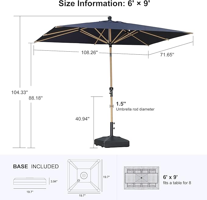 PURPLE LEAF 6' x 9' Patio Umbrella with Base Market Umbrella Rectangular Outdoor Umbrella with Push Button Tilt & Crank and 8 Ribs Aluminum Table Umbrella for Pool Backyard Beach, Navy Blue