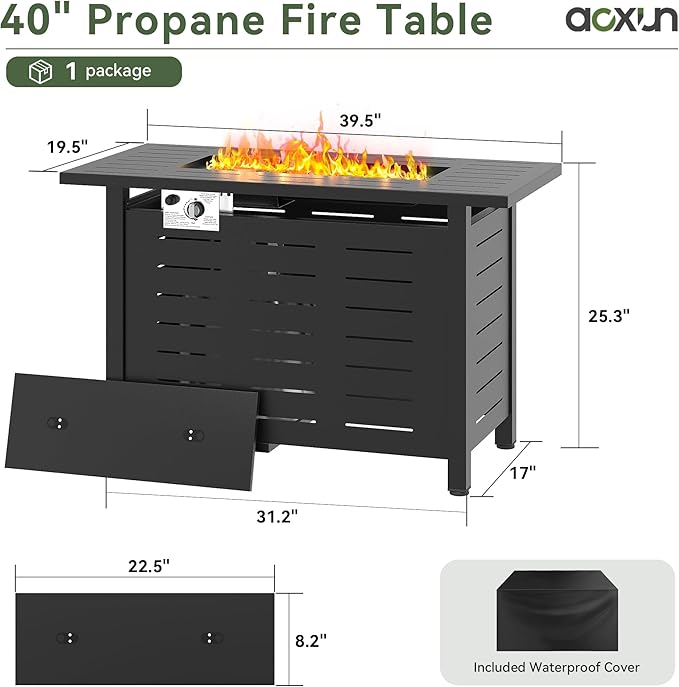 Aoxun 40" Outdoor Propane Fire Pit Table with Removable Lid - 50,000 BTU Patio Heater, Rectangle Natural Gas/Propane Fire Pit with Lava Rocks & Waterproof Cover for Deck, Backyard, Garden,Black